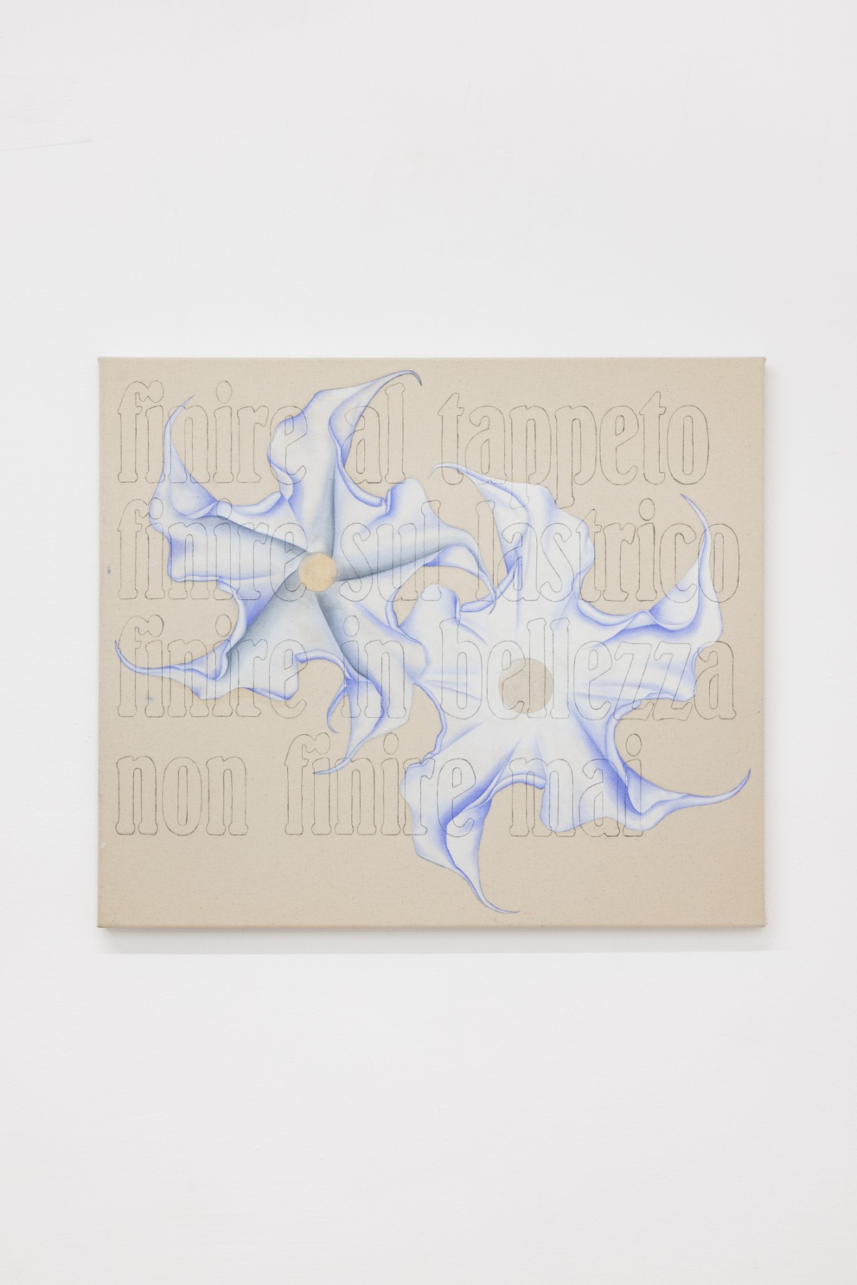 Vue d'exposition, « Above, Below, Between », Giovanna Belossi, Non finire mai, 2026, 60 x 70 cm, peinture à l'huile et graphite sur toile de coton, CALM – Centre d’Art La Meute invité par UA26, Vienne, Autriche, 2026 / Photo ©kunst-dokumentation.com / Manuel Carreon Lopez / Courtoisie de l'artiste / Curaté par Oriane Emery & Jean-Rodolphe Petter.